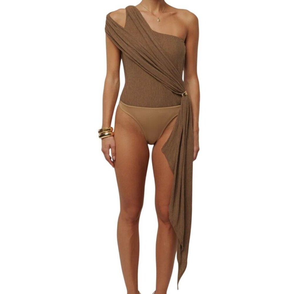 JLuxLabel Chocolate Lovina Drape Bodysuit, Large NWT
